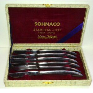 Vintage Sohnaco Steak Knives 6 Piece Set In Storage Box Stainless Steel Flatware